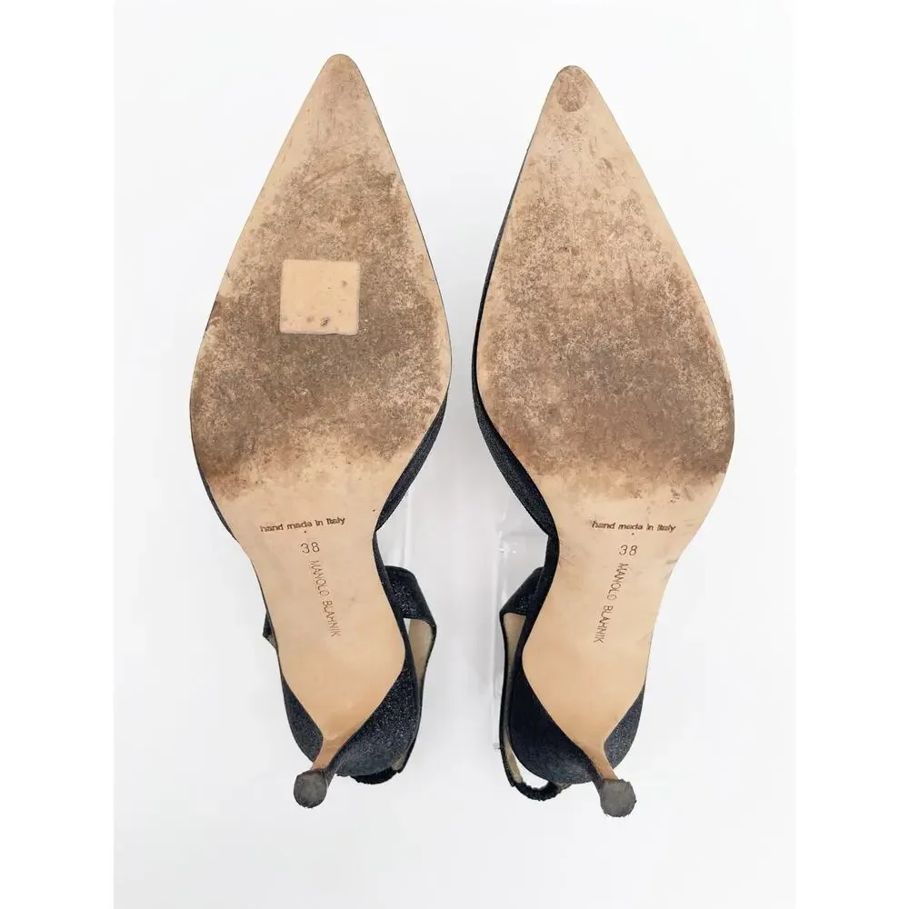 Manolo Blahnik Carolyne Black Glitter Pointed Toe Slingback Stiletto Heels IT 38
